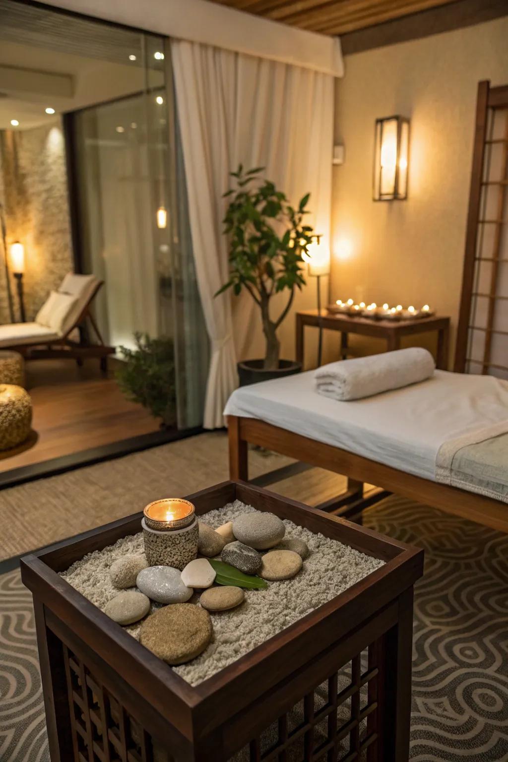 A zen garden introduces a meditative touch to the area.