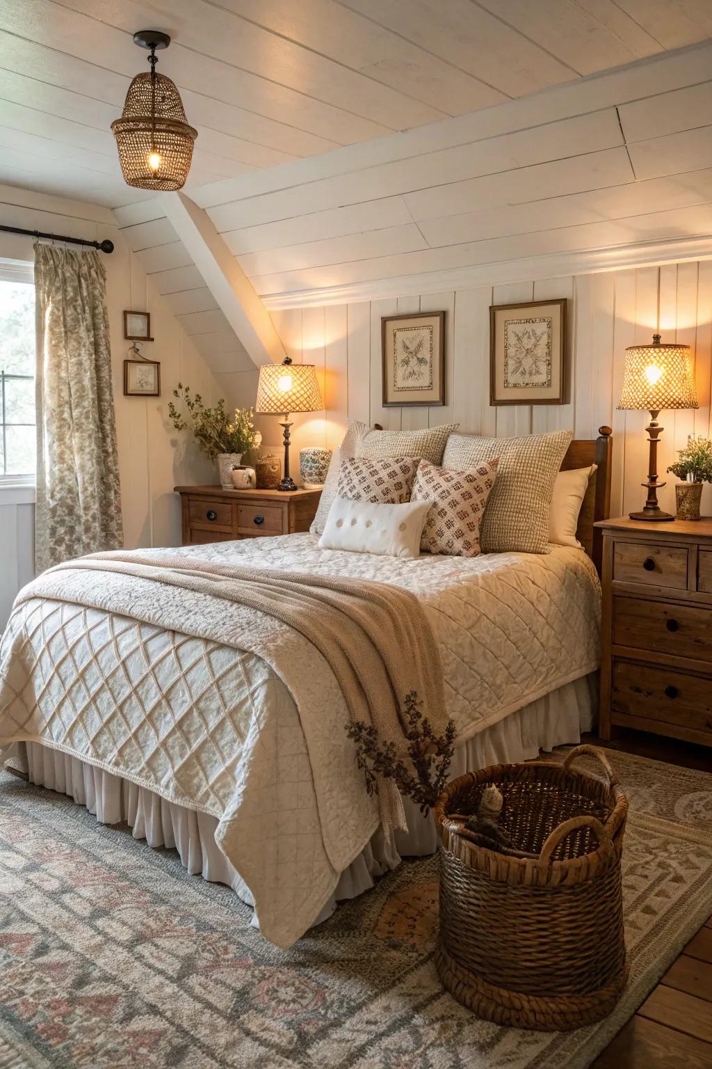 A warm embrace: A comforting atmosphere enveloping a farmhouse bedroom