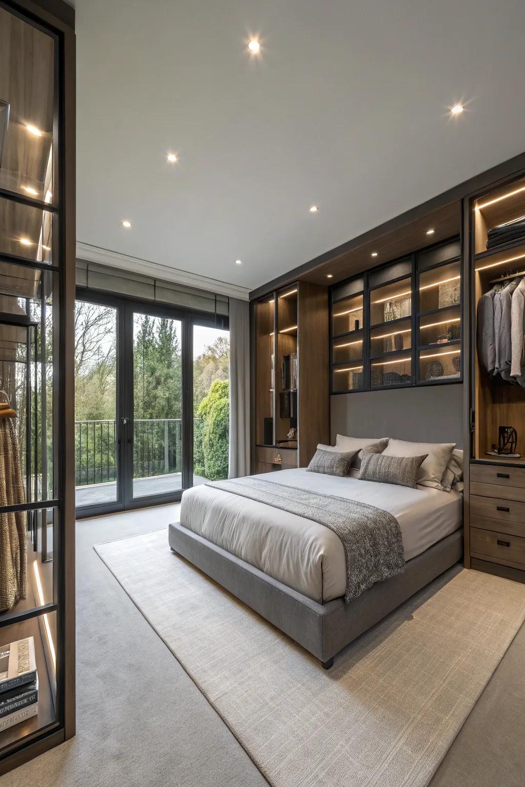Built-in storage solutions maintain organization in the bedroom.