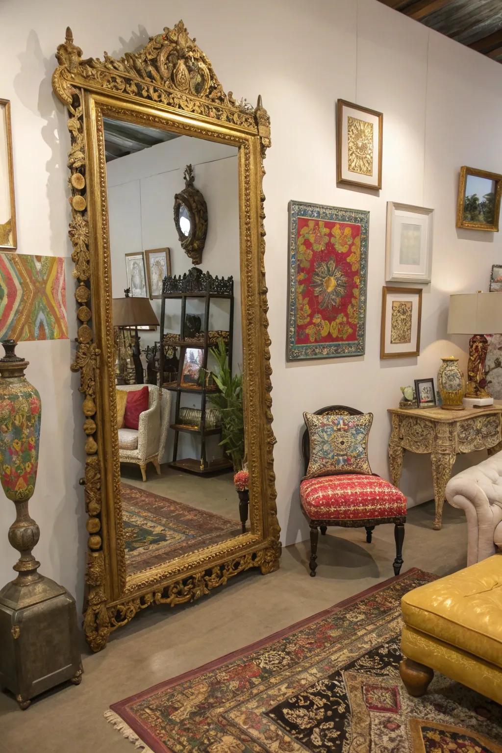 An antique mirror infuses history into this vibrant area.