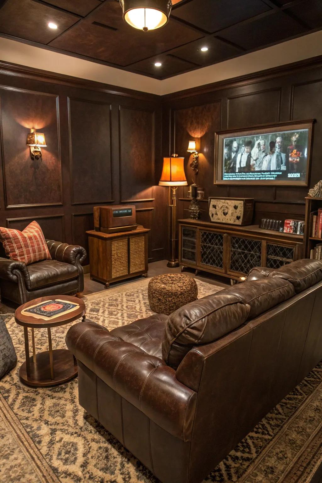 A classic media room with dark brown walls, perfect for timeless elegance.
