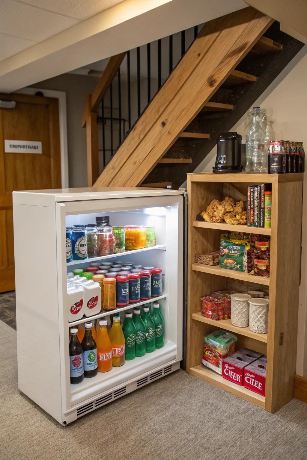 Stay revitalized with a convenient mini fridge stocked with your preferred items.