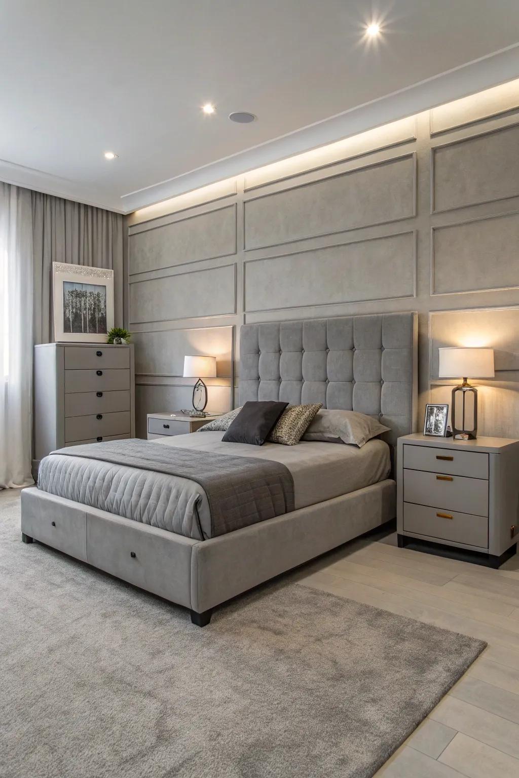 The minimalist appeal of the grey bedroom is enhanced by sleek furniture.