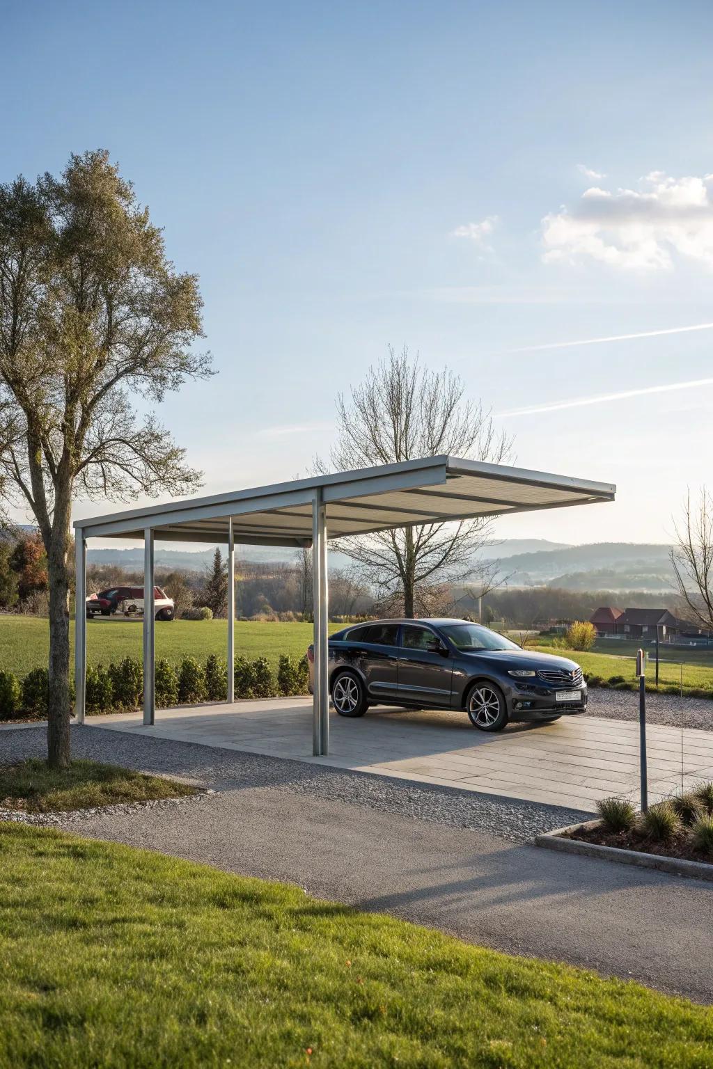A detached carport stands independently, providing versatile placement options.