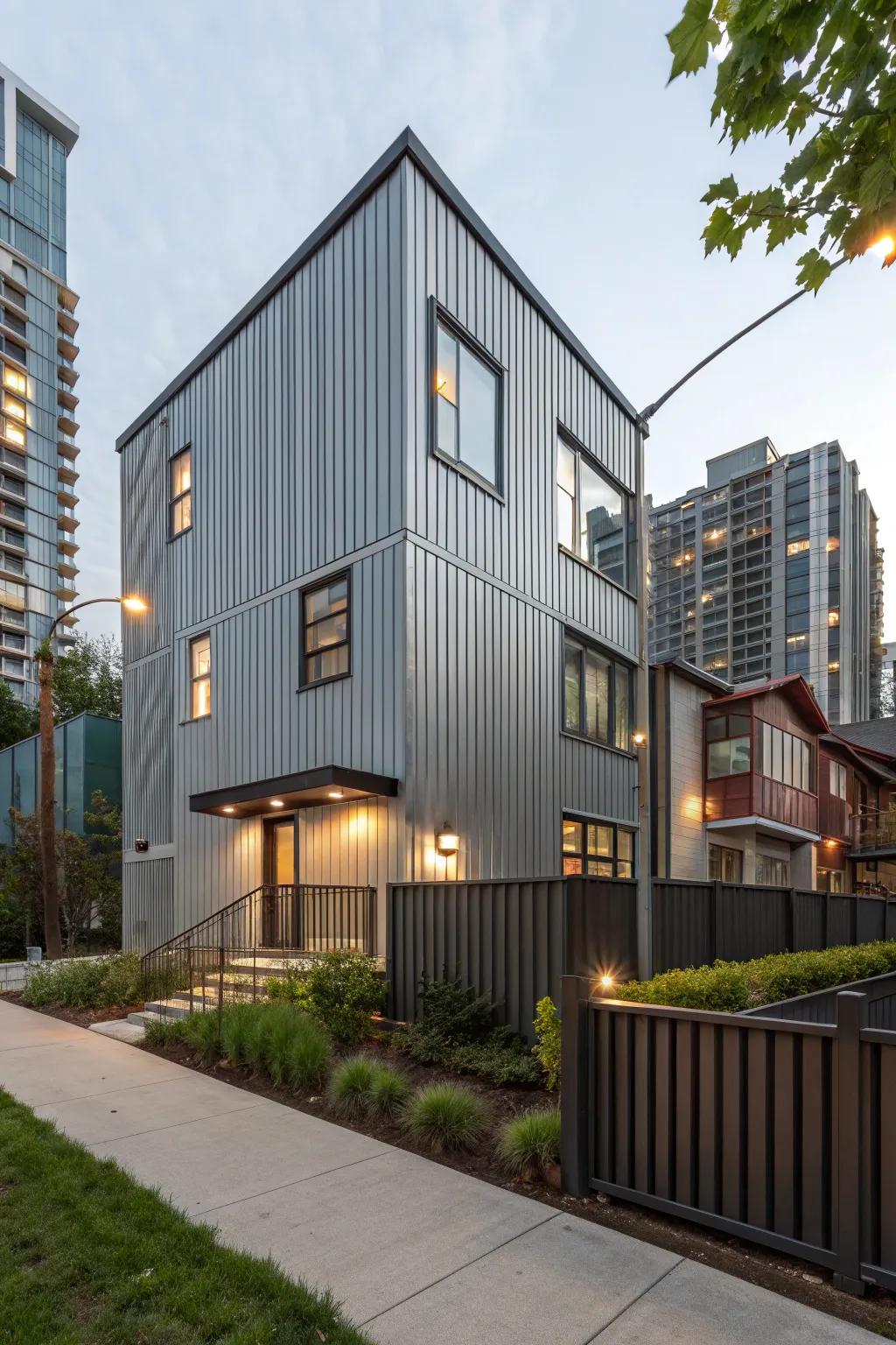 A trendy urban dwelling showcasing corrugated metal cladding for an industrial chic aesthetic.