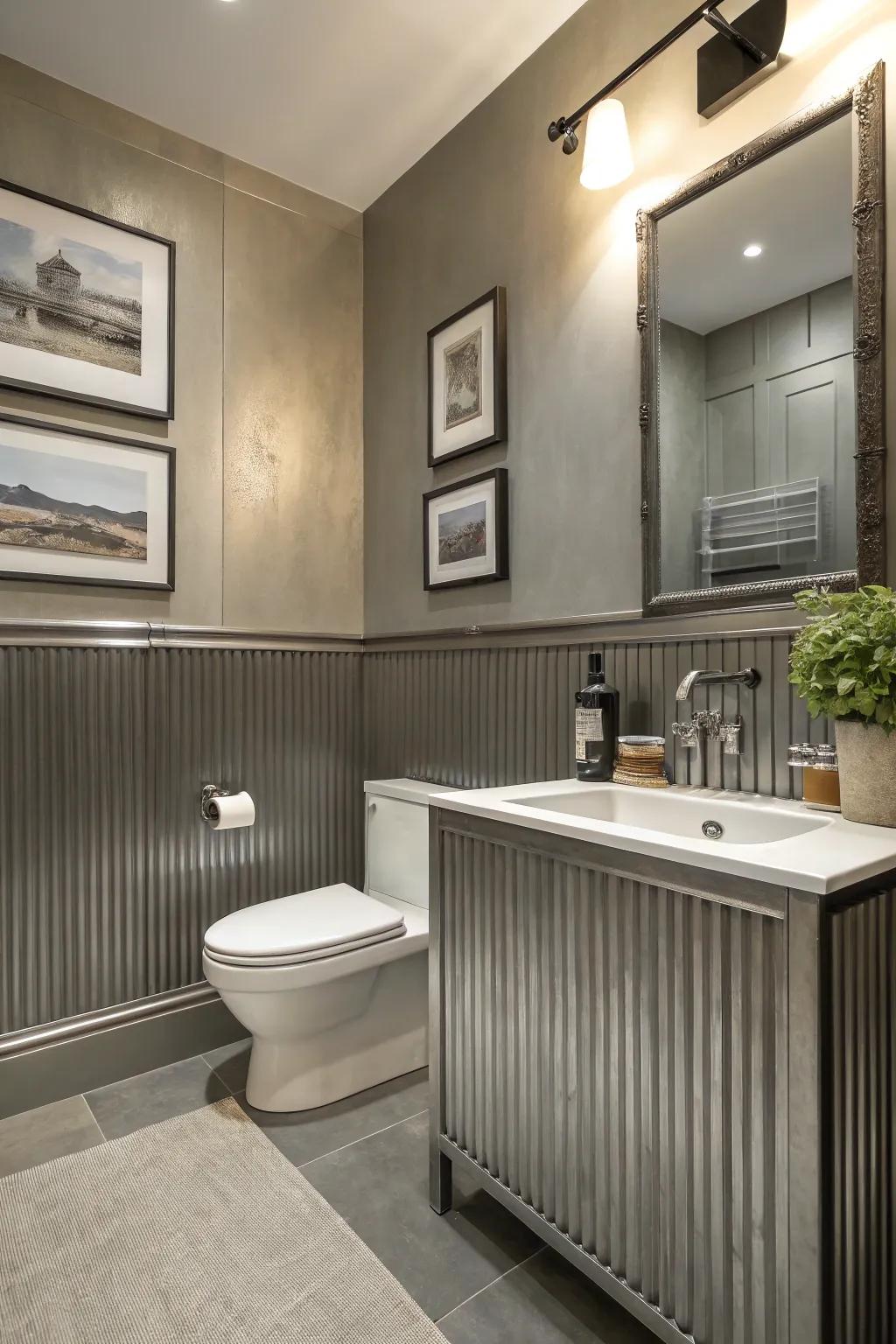 Achieve industrial classiness in your restroom using metallic wall paneling.