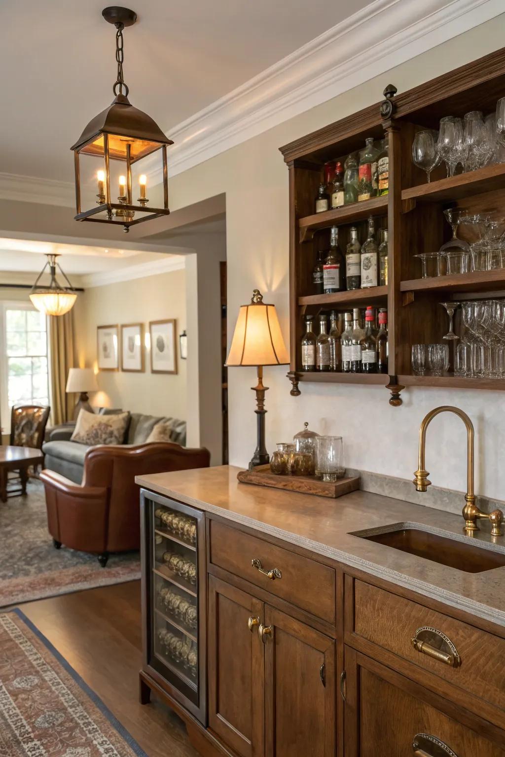 Classic d\u00e9cor introduces sophistication and fond memories to a home bar.