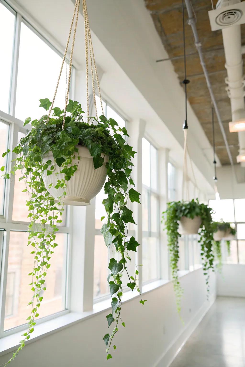 Elegant hanging vessels with trailing ivy in a modern studio setting.
