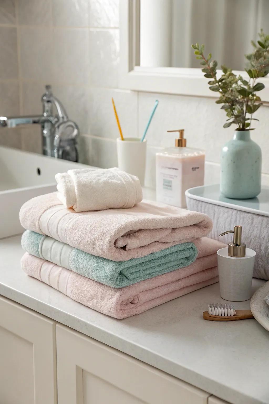 A flash of pastel contributes a cheerful nuance to the bathroom.
