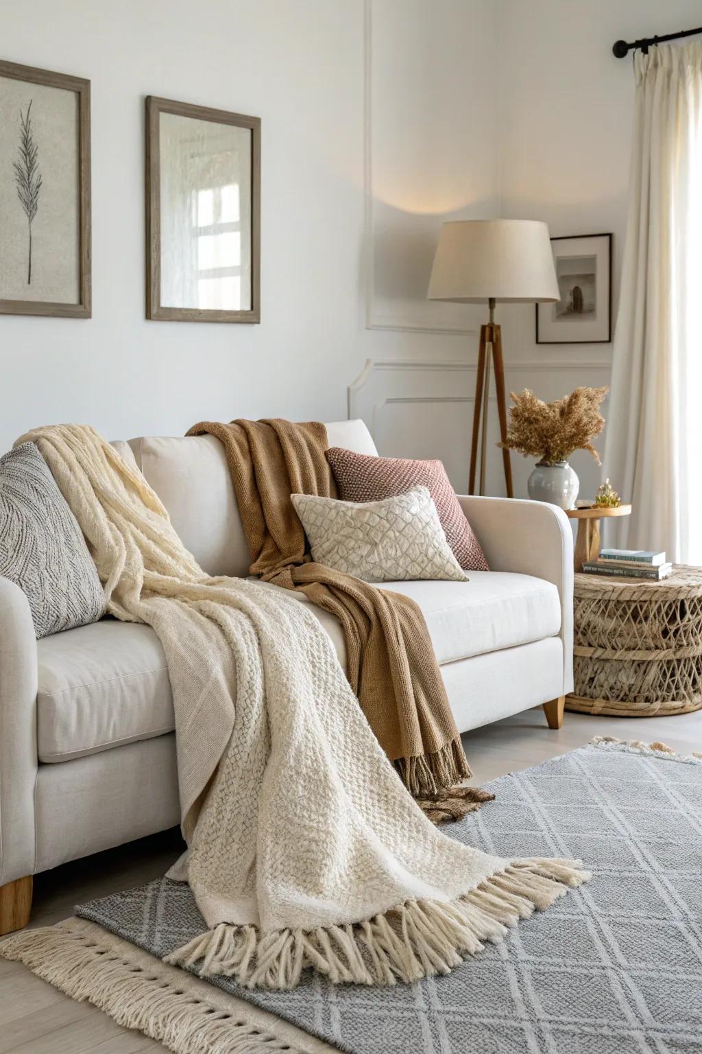 Cozy embellishments introduce warmth and comfort to minimalist living spaces.