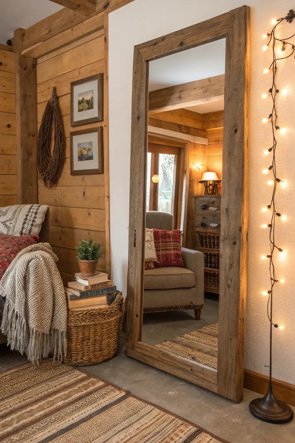 A rustic lumber surround mirror enhances a comfortable rural-style family room.