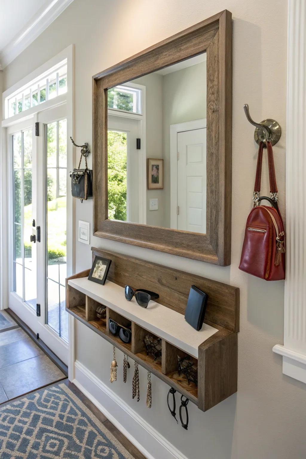 A convenient entryway mirror complete with a key rack for effortless access.