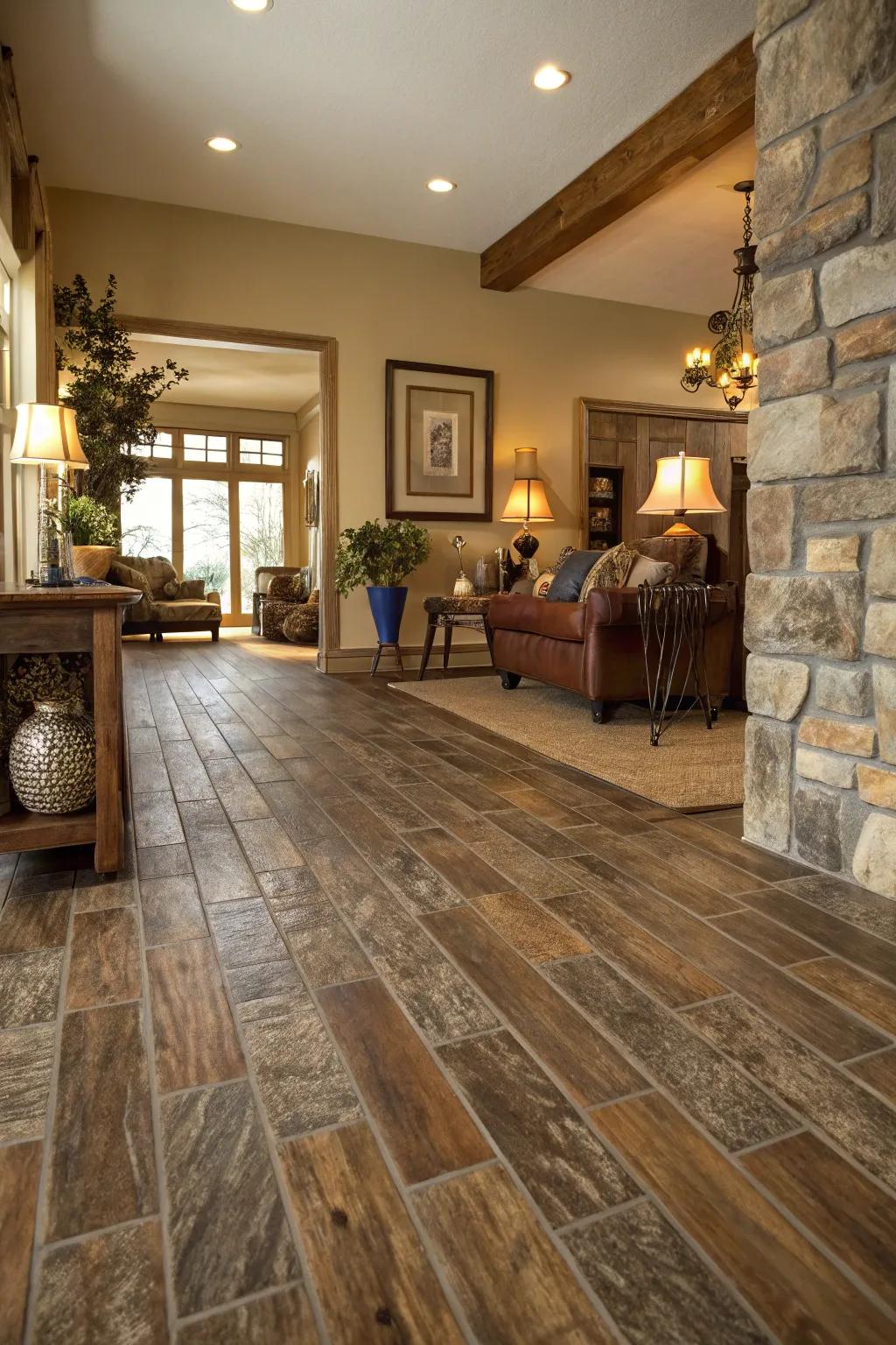 Vinyl flooring mimics timber and stone for a versatile design.