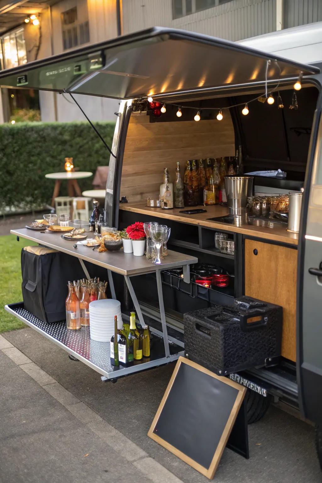 A transforming fold-out surface adds versatility to this mobile bar.
