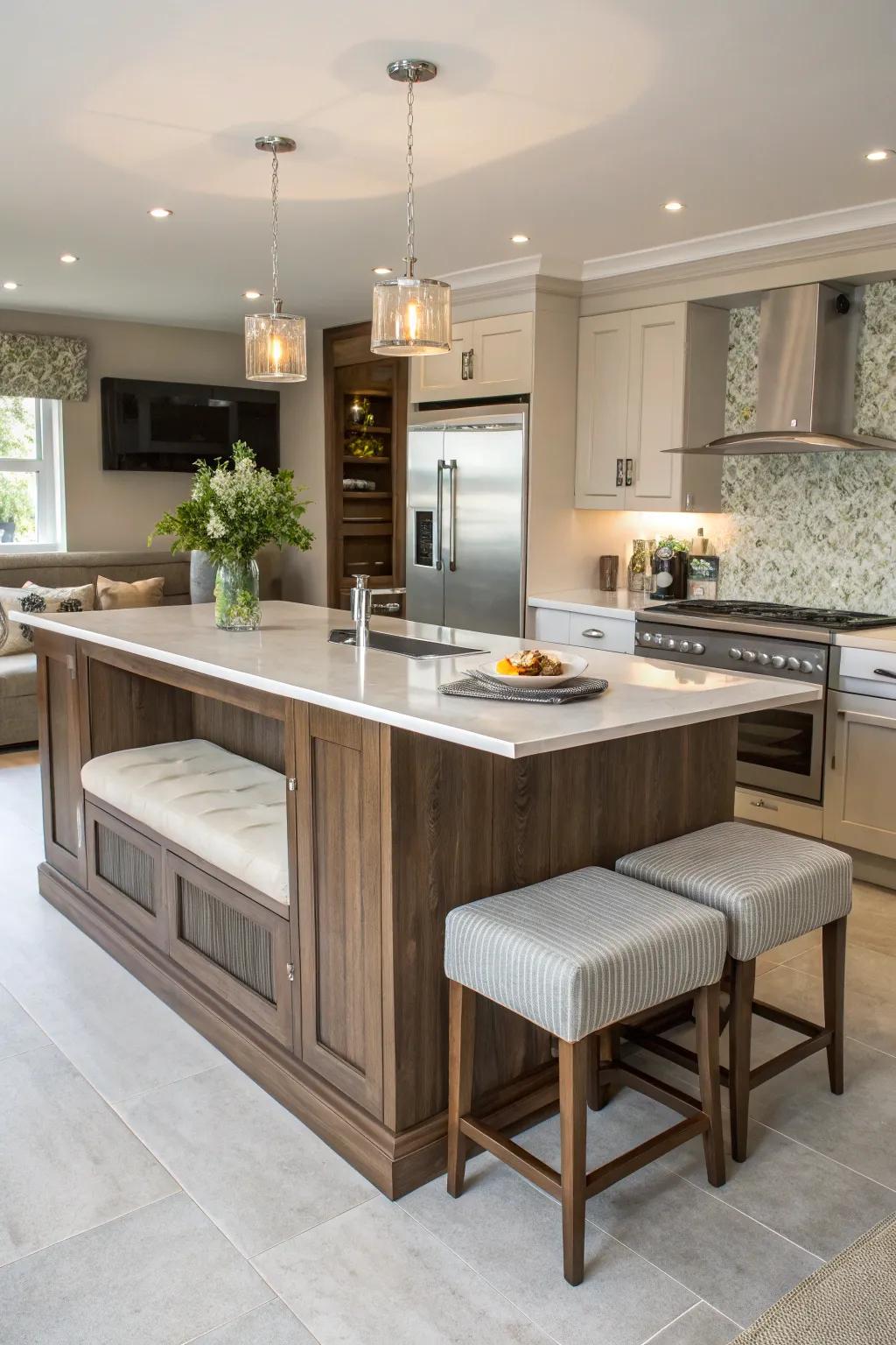 Combine utility with social interaction by using island seating.