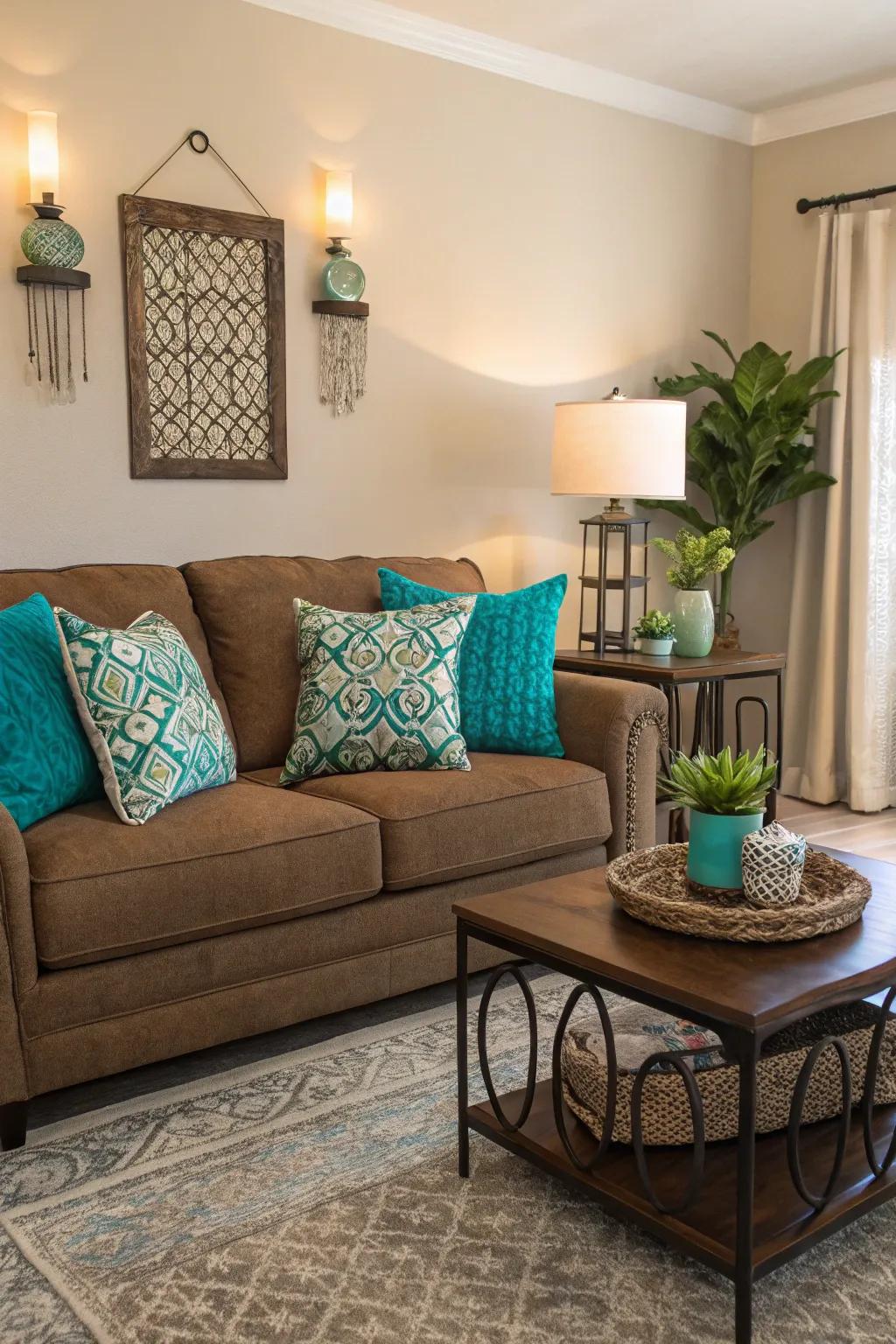 A burst of color enhances the cocoa sofa arrangement.