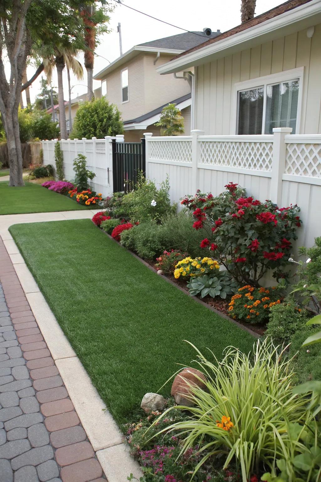 Natural plant borders beautifully complement the artificial lawn.