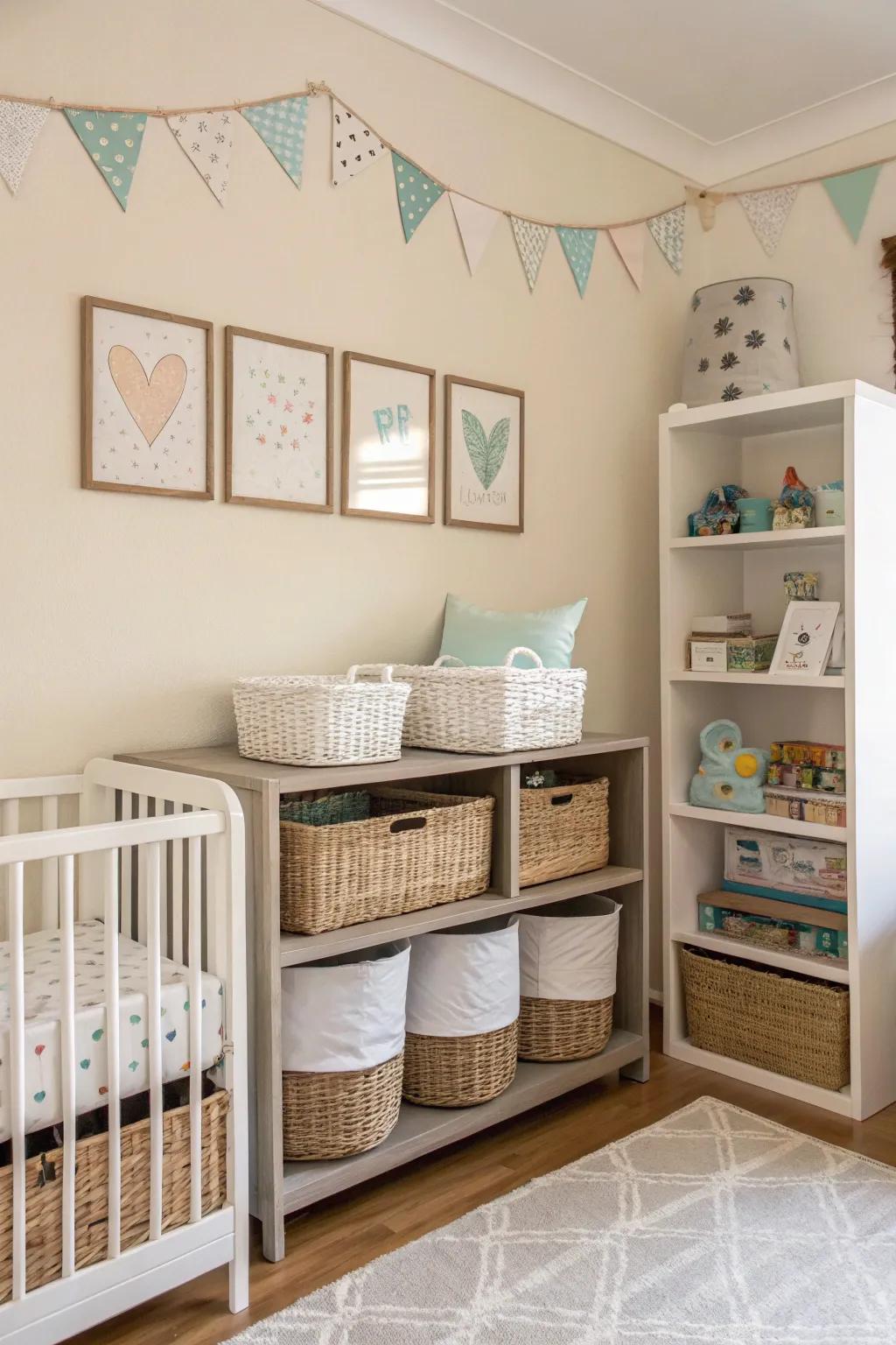 Functional storage keeps the room neat and organized.