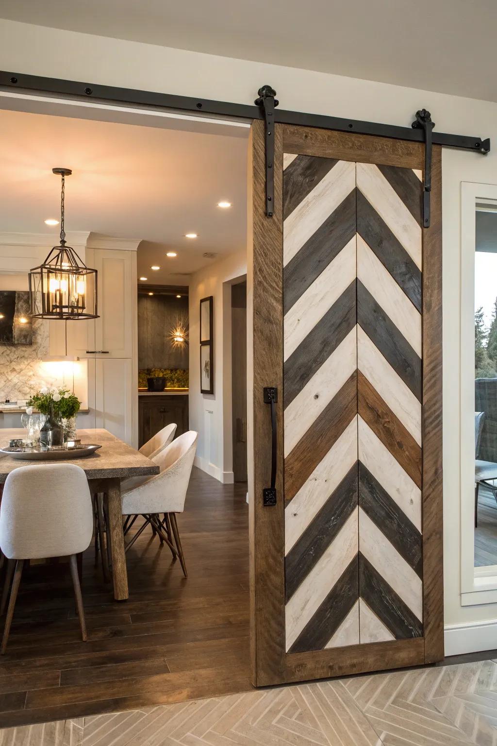 Chevron patterns on barn doors create a lively sense of movement and visual appeal.