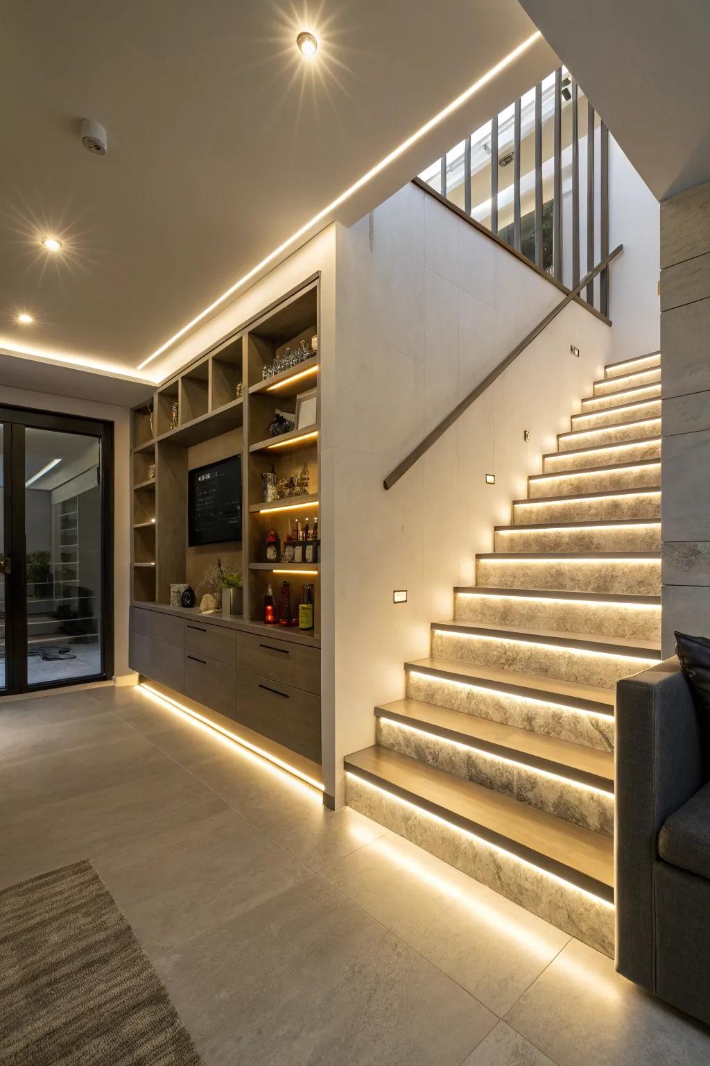 LED band lighting introduces a subtle glow, accentuating architectural details.