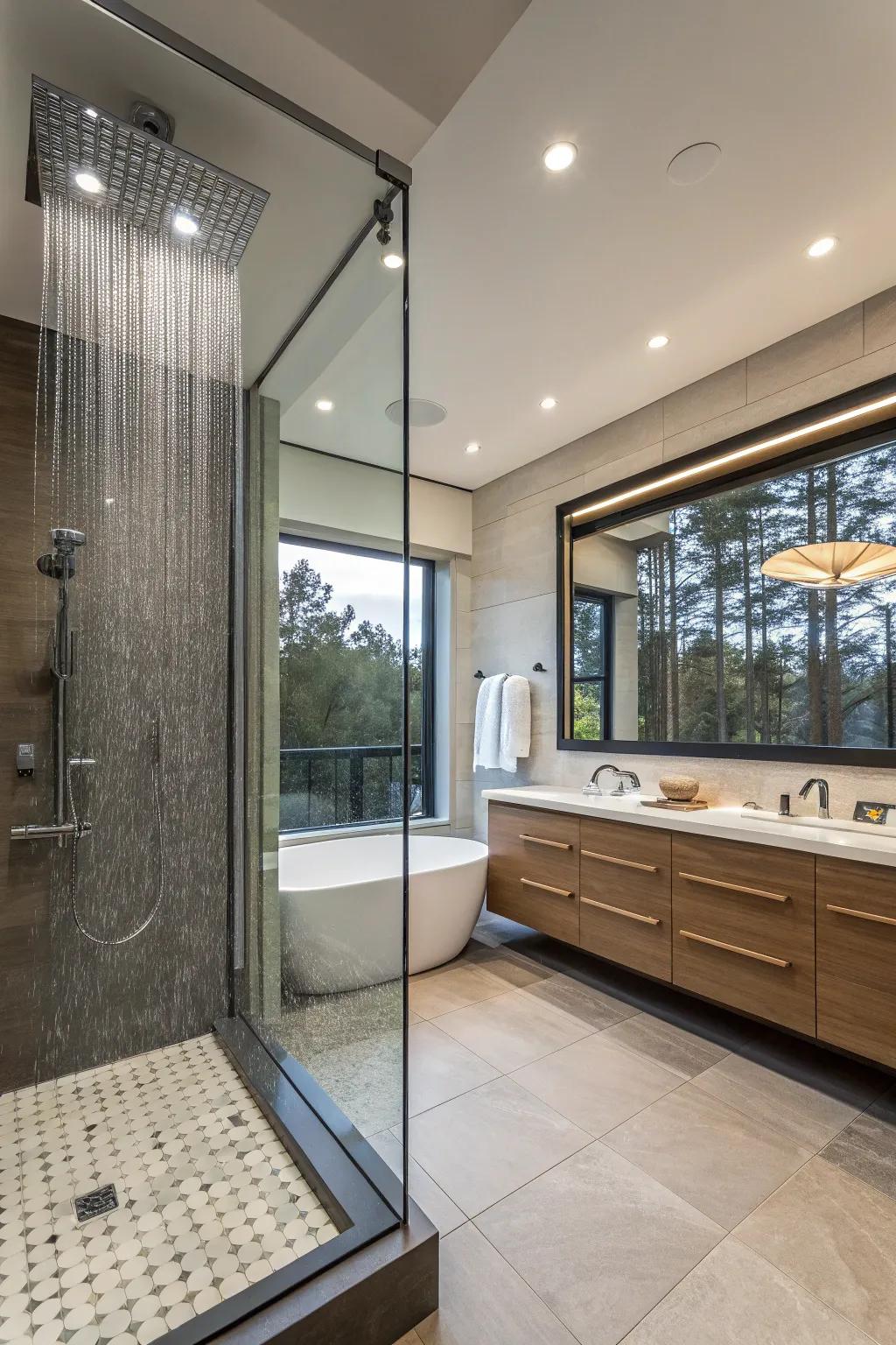 Spa-like amenities convert this bathroom into a luxurious getaway.