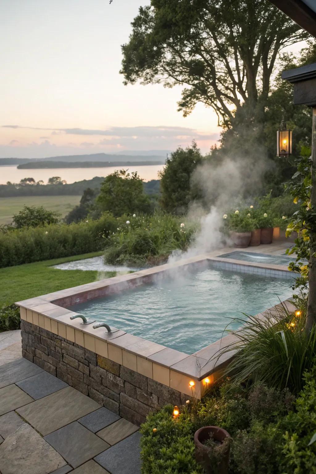 The provision of warmth and unwinding is facilitated through an incorporated hot tub.