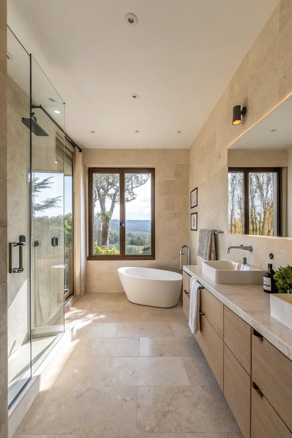 Open configurations enhance the modern appeal of beige bathrooms.