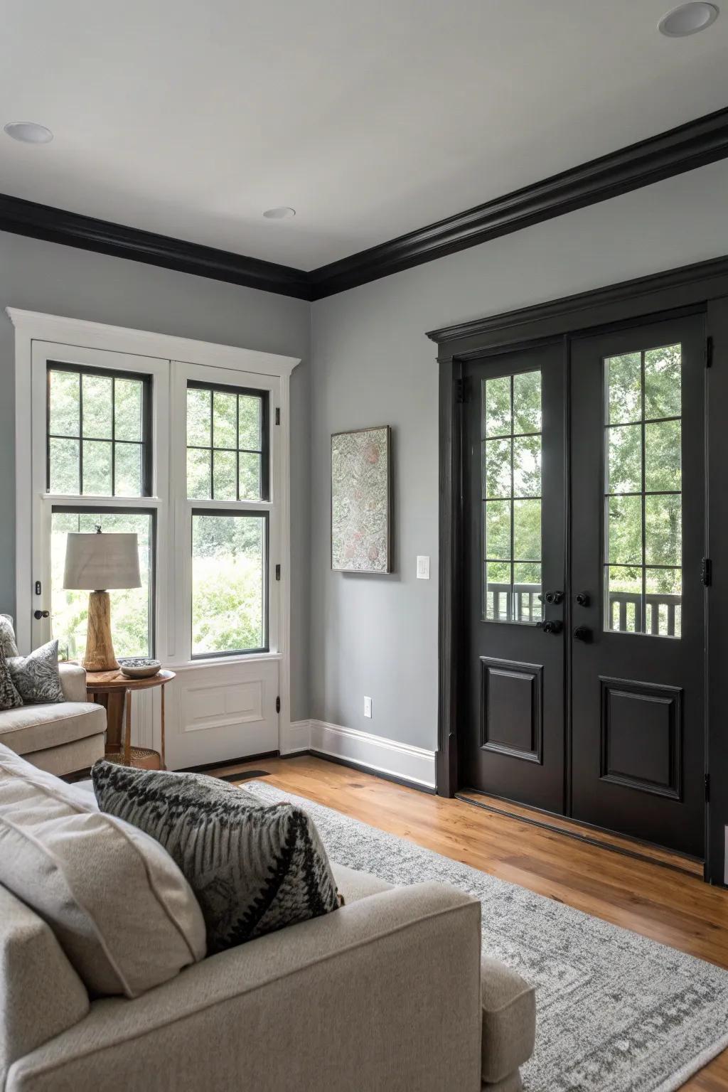 Gray walls with dark trim add sophistication and highlight architectural elements.