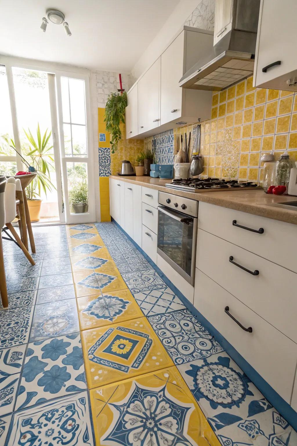 Eclectic tile patterns bring a unique and vibrant energy to this kitchen.