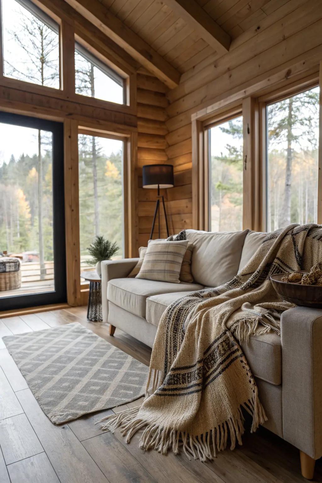 Throw blankets add warmth and comfort to modern cabin decor.