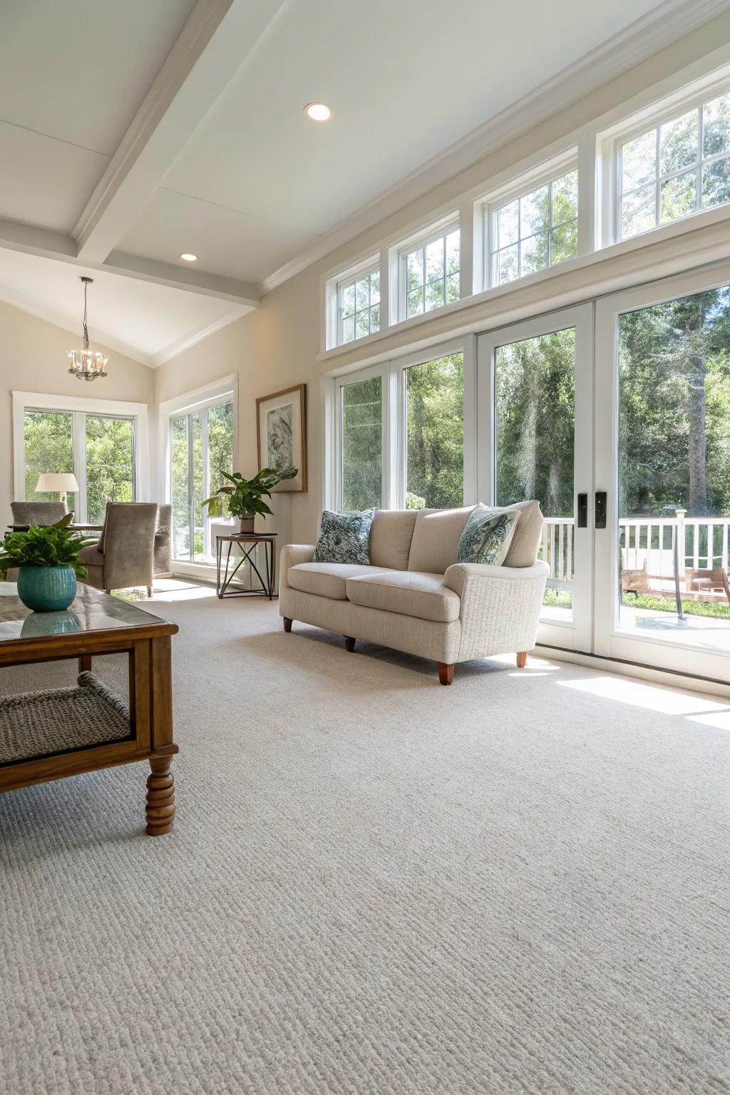 Open-concept living area featuring a light-colored carpet enhancing the airy feel