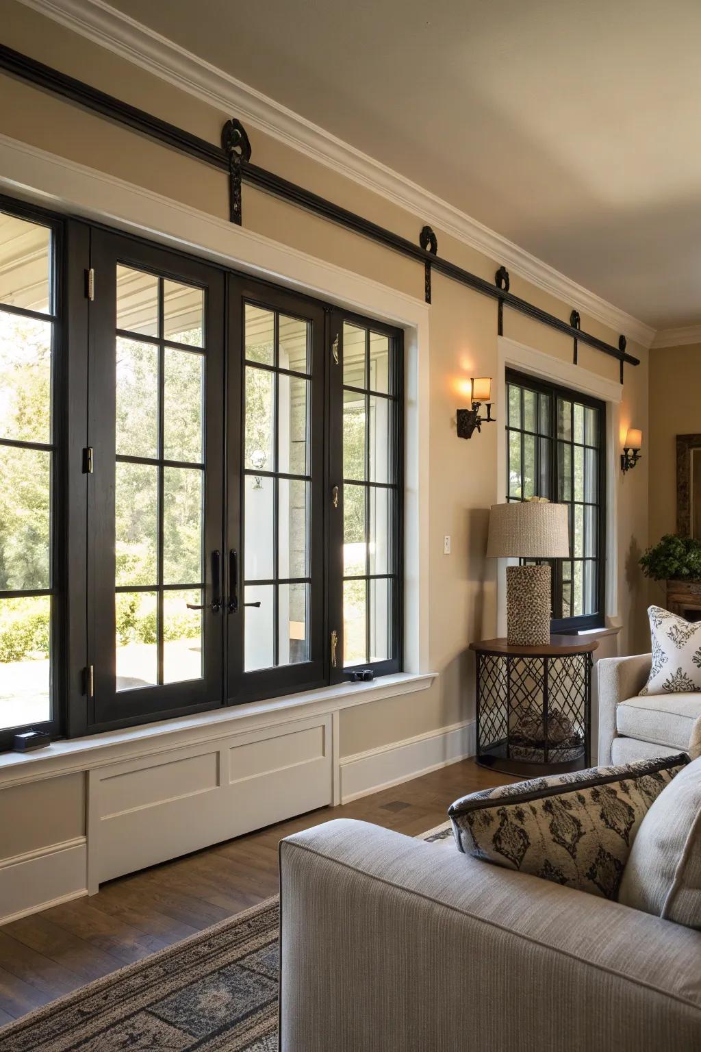 Dark embellishments deliver striking contrast within this contemporary farmhouse interior.
