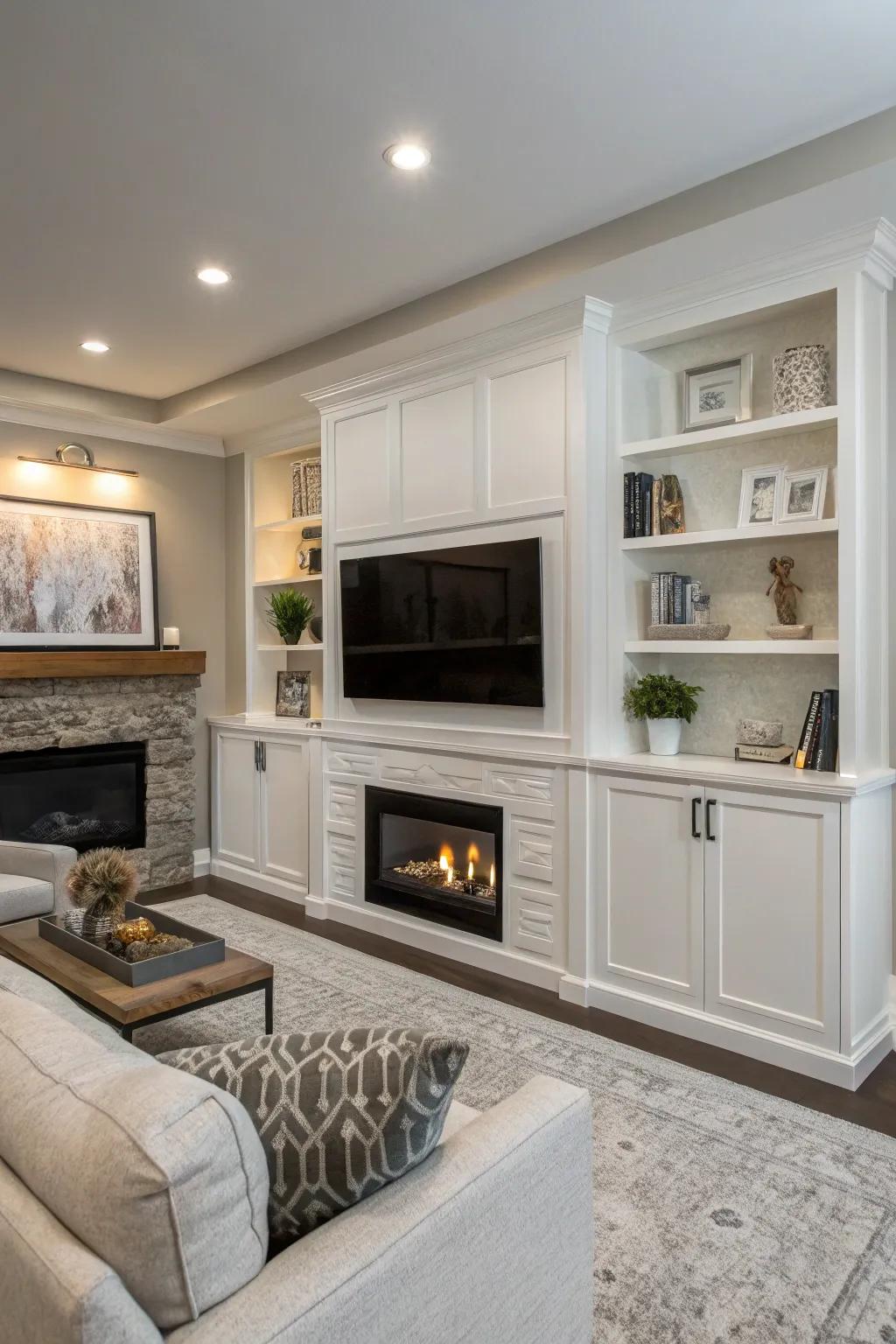 Tailored cabinetry delivers streamlined storage solutions surrounding a fireplace and TV.