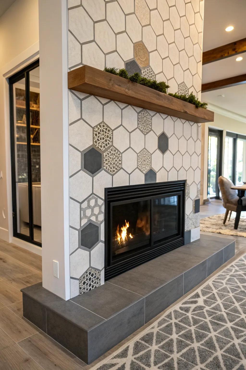 Fireplace featuring a geometric hexagonal tile design.