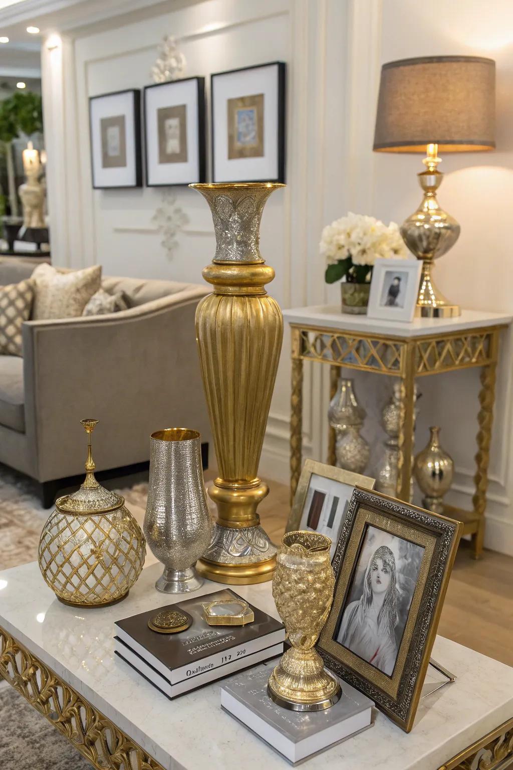 Decorative touches in gold and silver enhance refined details.