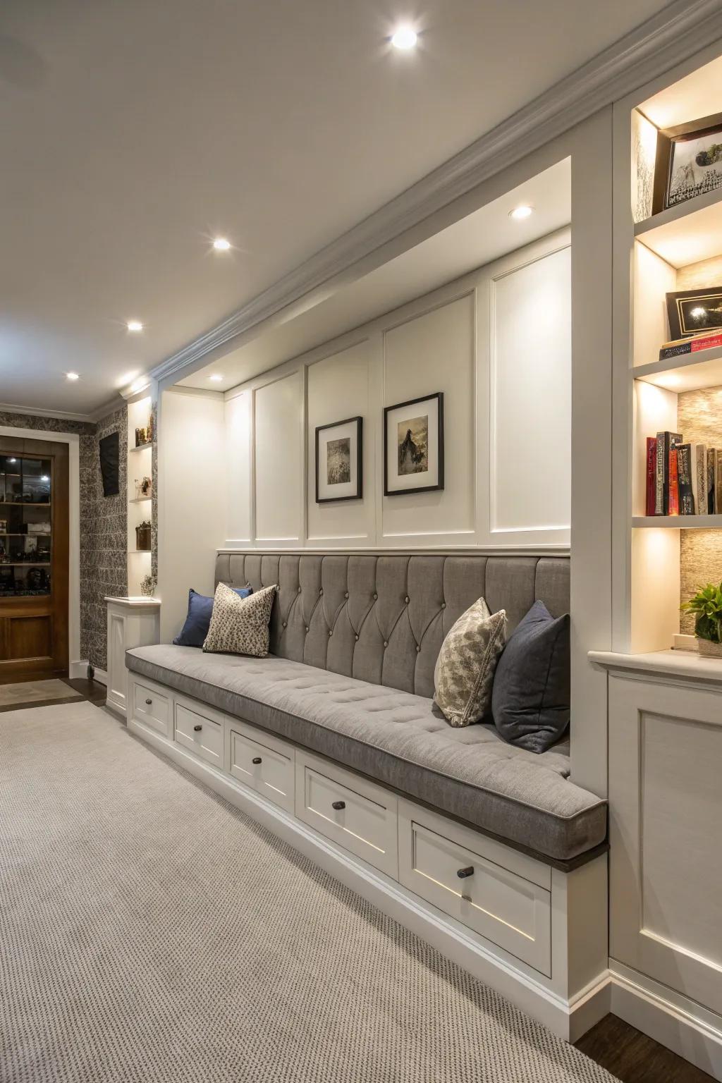 A half wall featuring built-in seating creates a welcoming and functional area.