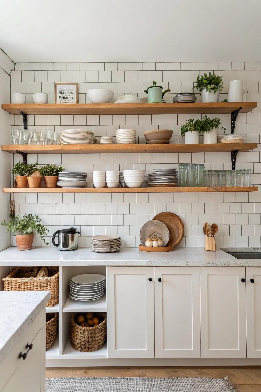 For a personal touch, there is open shelving paired with a tiled background.