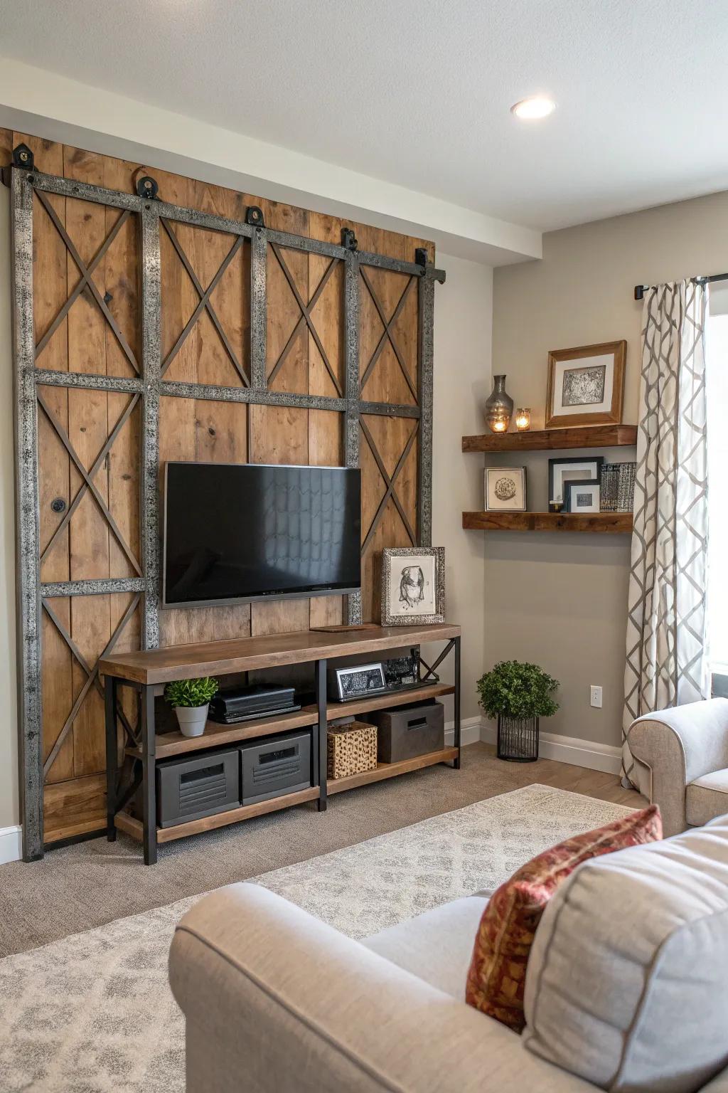 Visual texture and intrigue is added into the modern family room through a mixed media installation.