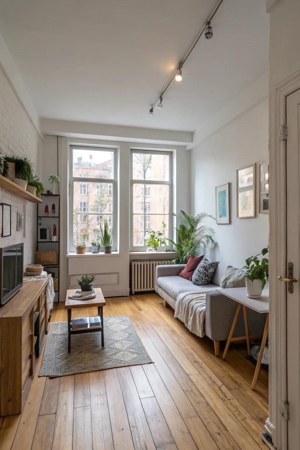 Bright timber floors expand the feel of compact areas.