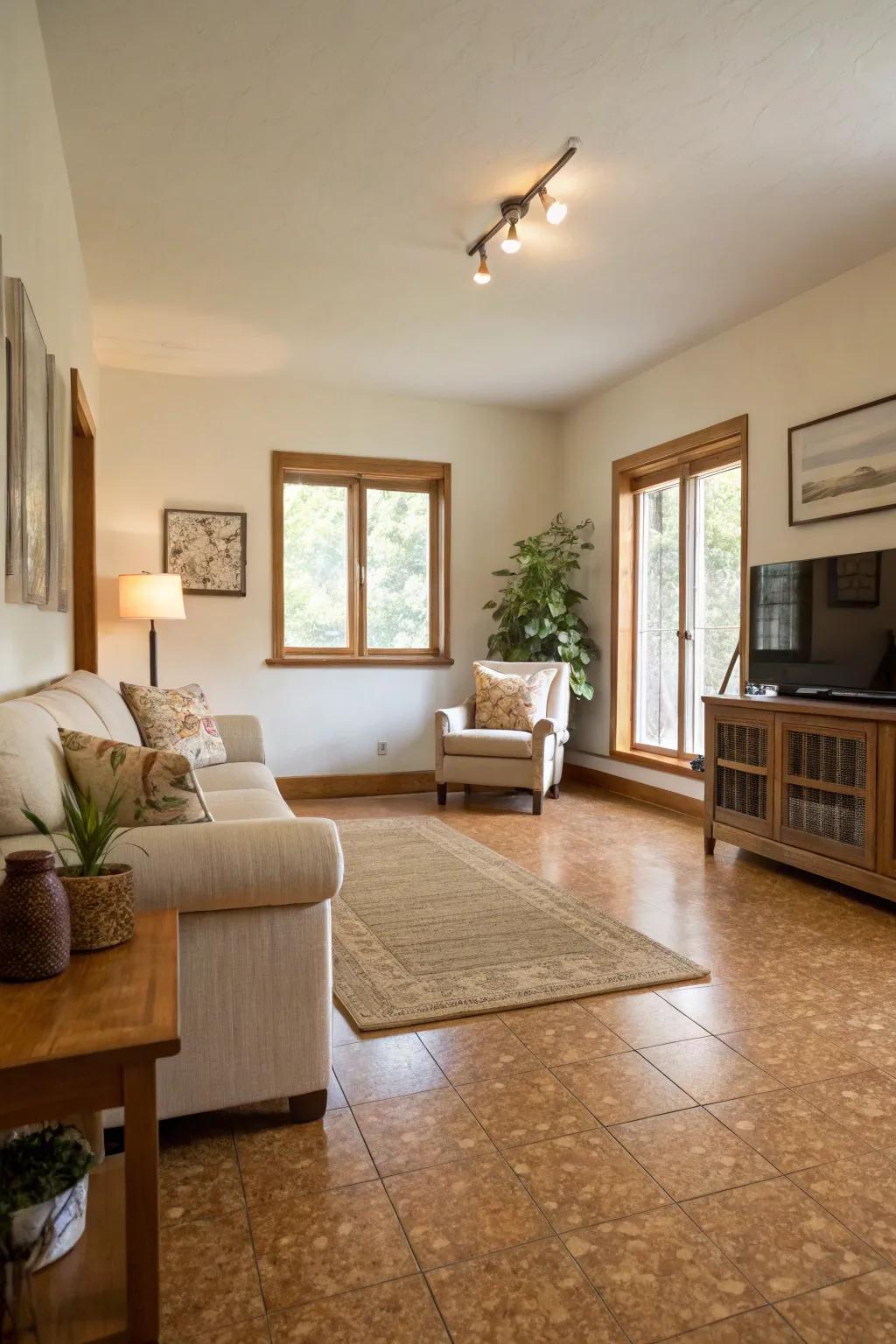 Encounter enhanced comfort and serenity via cork flooring.