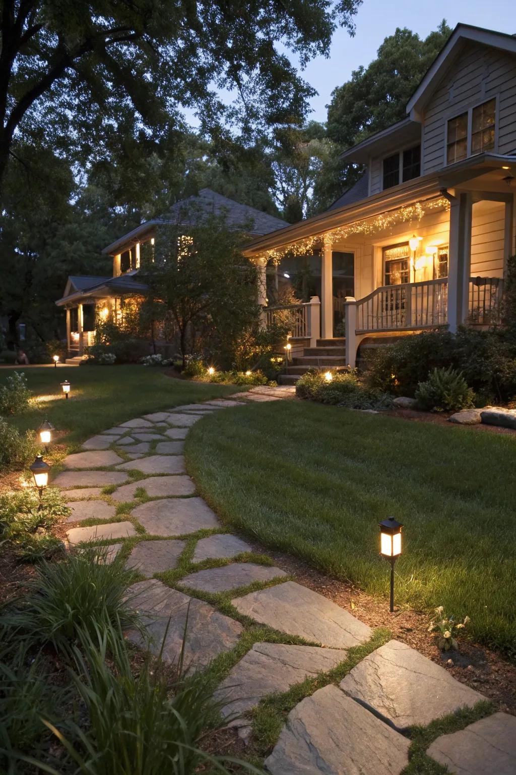 Outdoor lighting brightening pathways in a modern front yard.