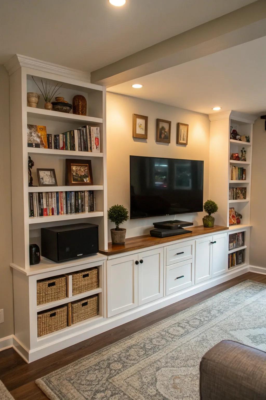 A corner media wall utilizes space efficiently, perfect for small rooms.