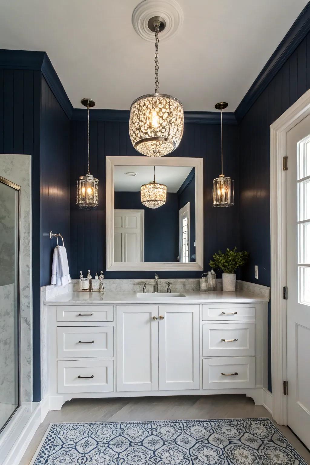Elegant lighting enhances the up-to-date vibe of deep sea bathrooms.
