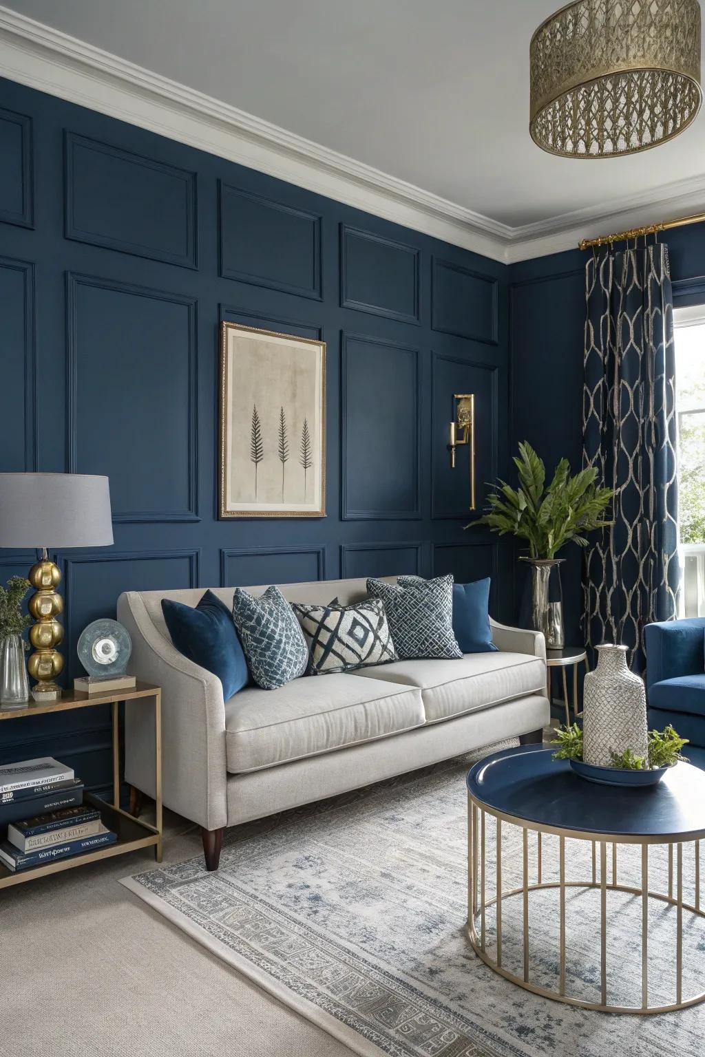A dark accent wall makes a bold statement.