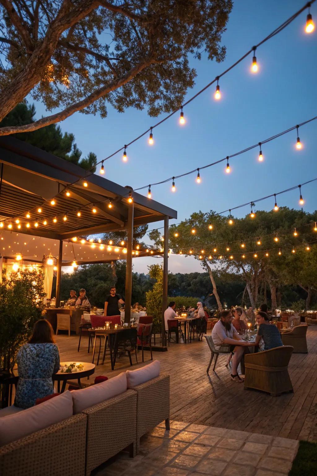 Hanging lights add a touch of magic to this outdoor bar setting.
