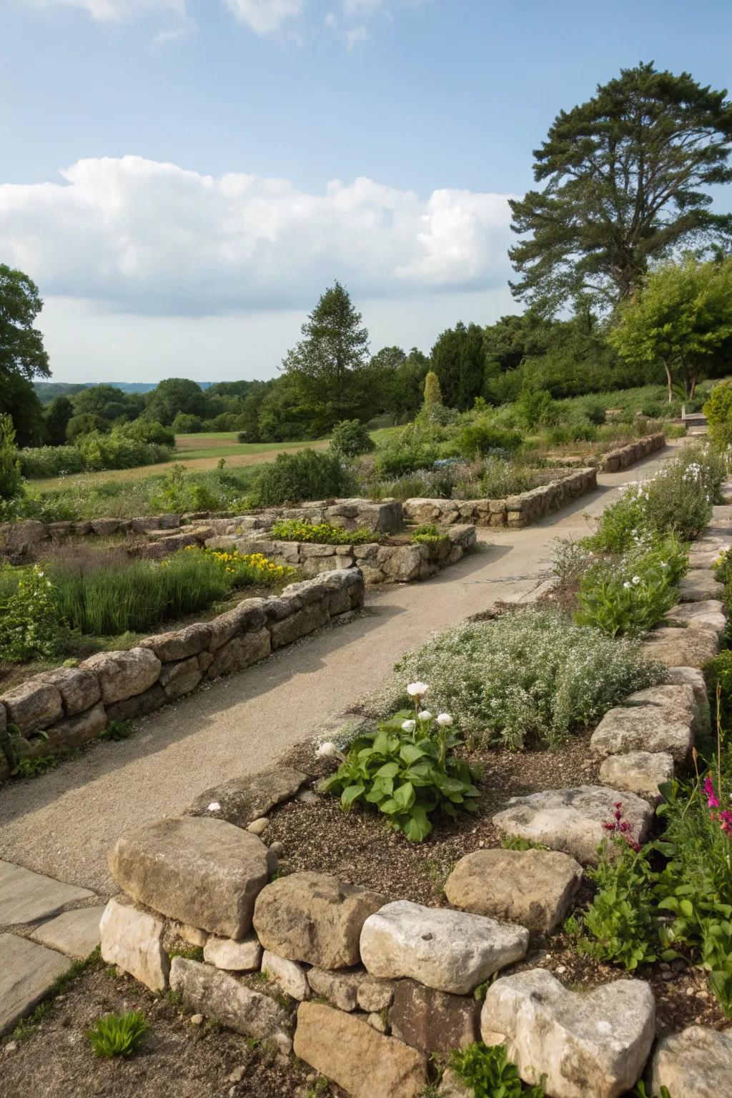 Organic borders using rocks create well-defined and organized garden zones.