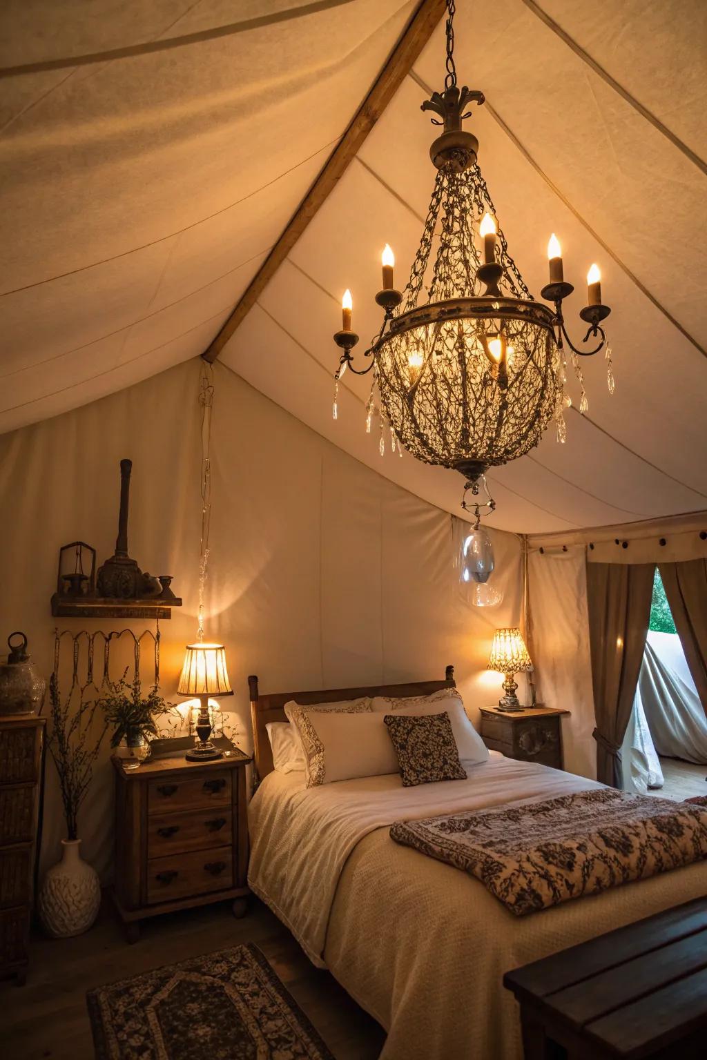 Retro-inspired lighting adds charm and serves as a focal point in a shabby chic bedroom.