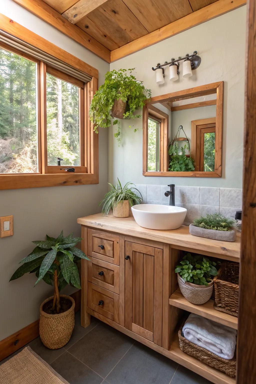Organic accents introduce warmth to this compact bathroom.
