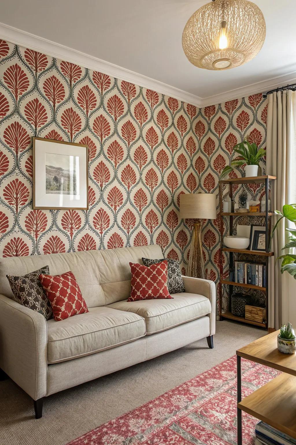 A small living space featuring bold patterned wallpaper.