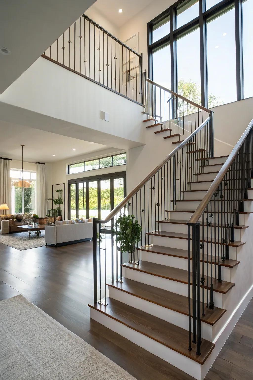 Vertical railings amplify the impression of height and refinement.